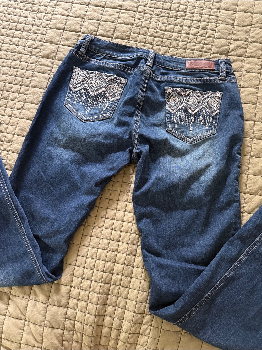 Rock & Roll Cowgirl Blue Boot-Cut Jeans with Beaded Pocket Detail